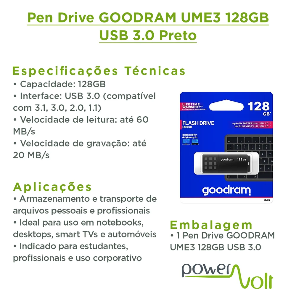 Imagem 4 de 5 do produto Pen Drive Ume3 Preto Usb 3.0 128GB Goodram