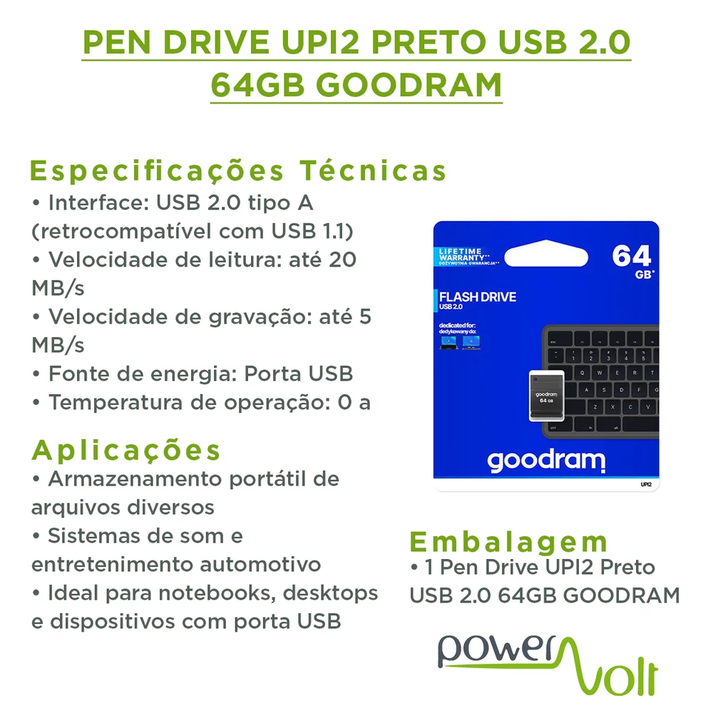 Imagem 3 de 4 do produto Pen Drive Upi2 Preto Usb 2.0 64gb Goodram
