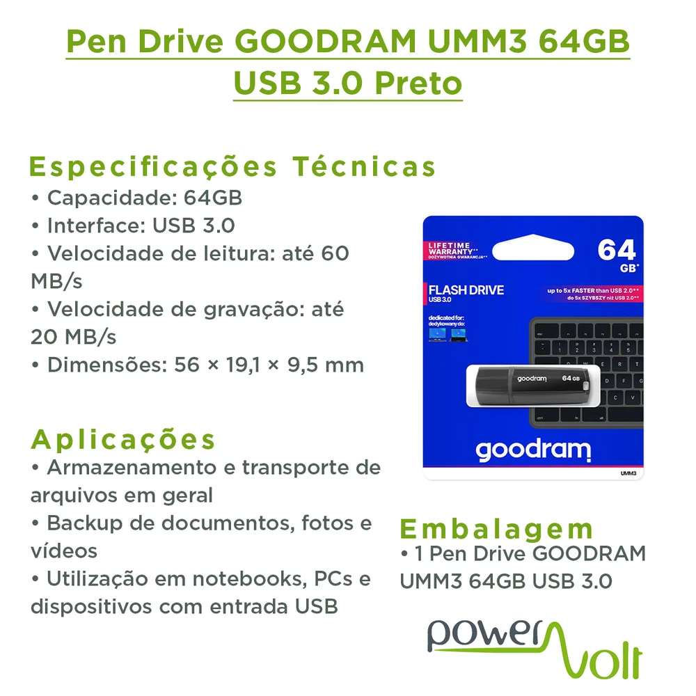 Imagem 3 de 4 do produto Pen Drive Umm3 Preto Usb 3.0 64gb Goodram