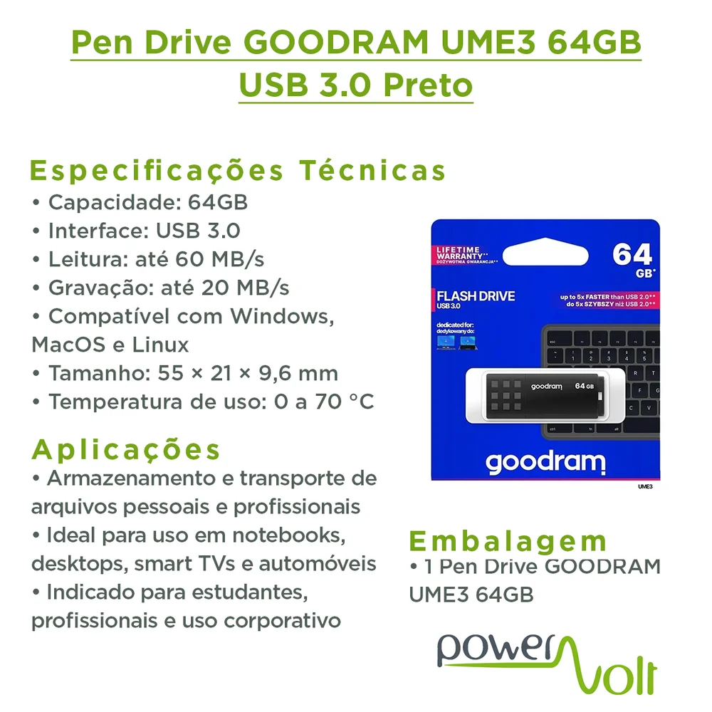 Imagem 3 de 4 do produto Pen Drive Ume3 Preto Usb 3.0 64gb Goodram