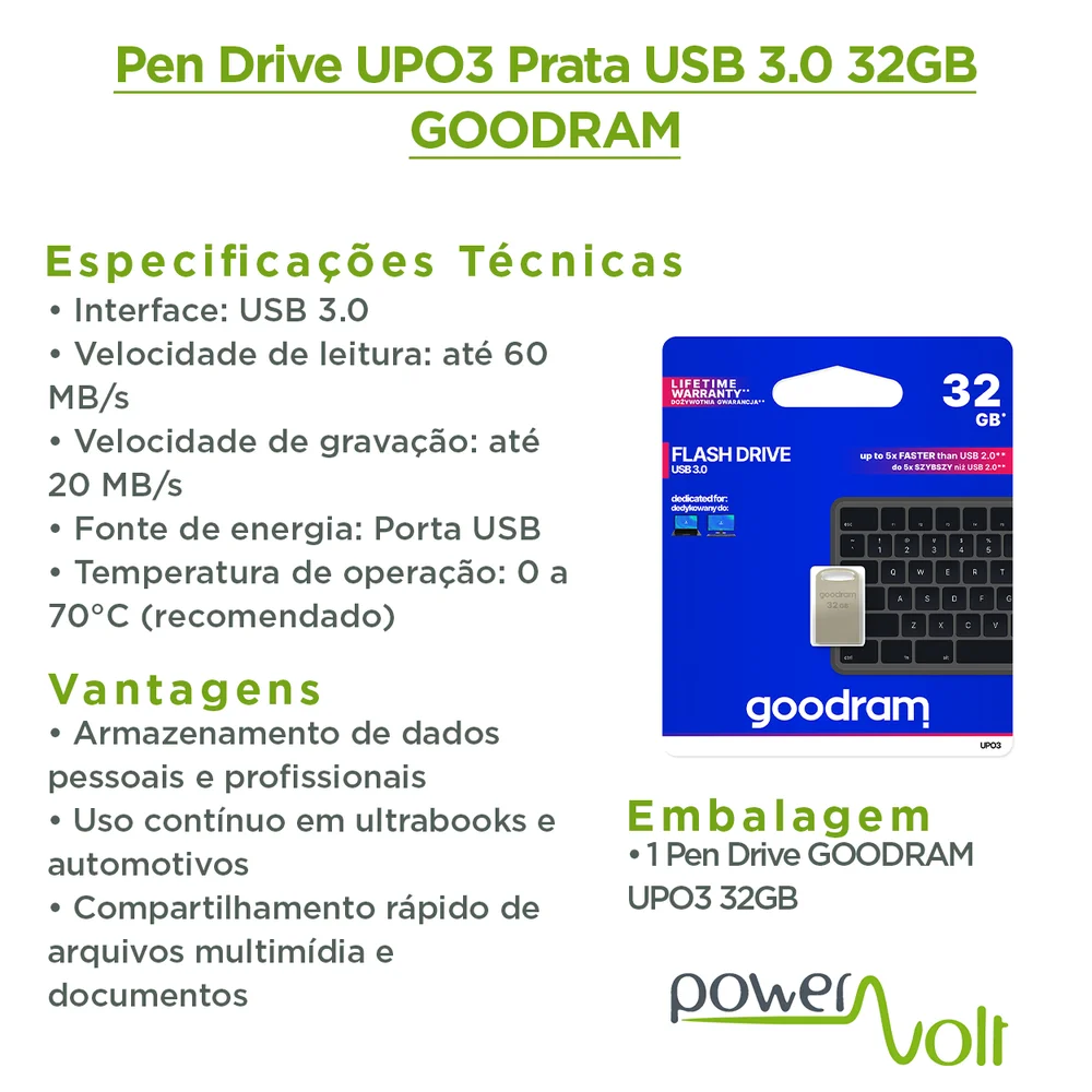 Imagem 2 de 4 do produto Pen Drive Upo3 Prata Usb 3.0 32gb Goodram