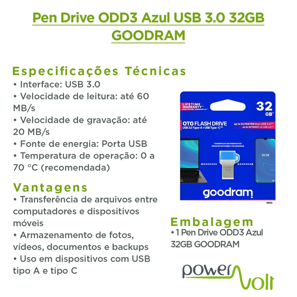 Imagem 2 de 4 do produto Pen Drive Odd3 Azul Usb 3.0 32gb Goodram