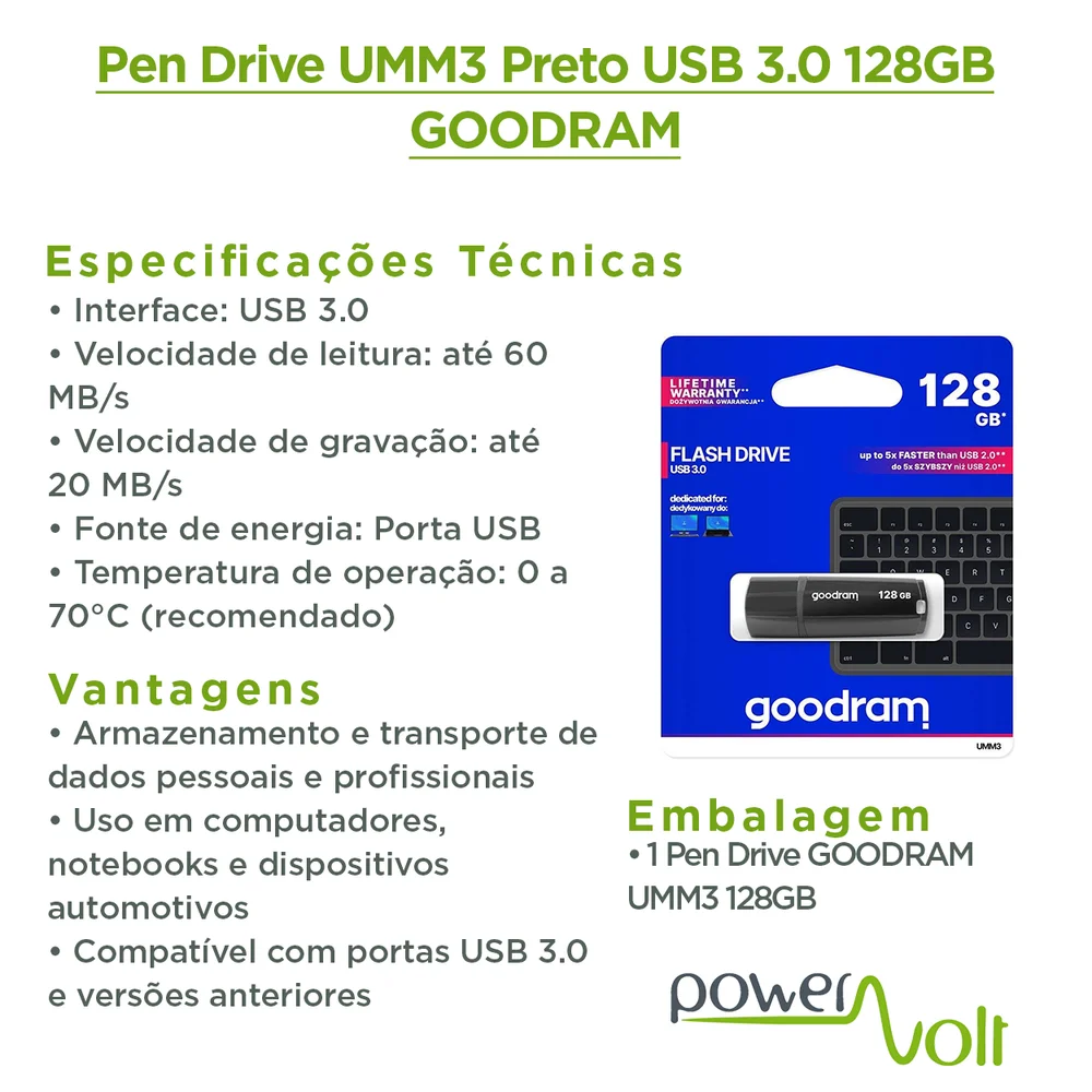 Imagem 2 de 4 do produto Pen Drive Umm3 Preto Usb 3.0 128GB Goodram