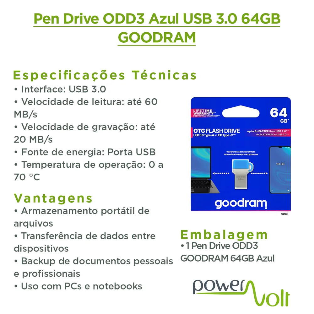 Imagem 2 de 4 do produto Pen Drive Odd3 Azul Usb 3.0 64gb Goodram