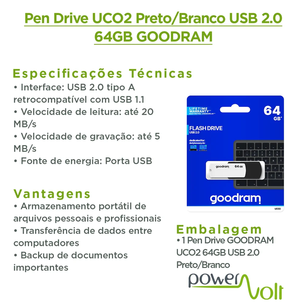 Imagem 2 de 4 do produto Pen Drive Uco2 Preto/branco Usb 2.0 64gb Goodram