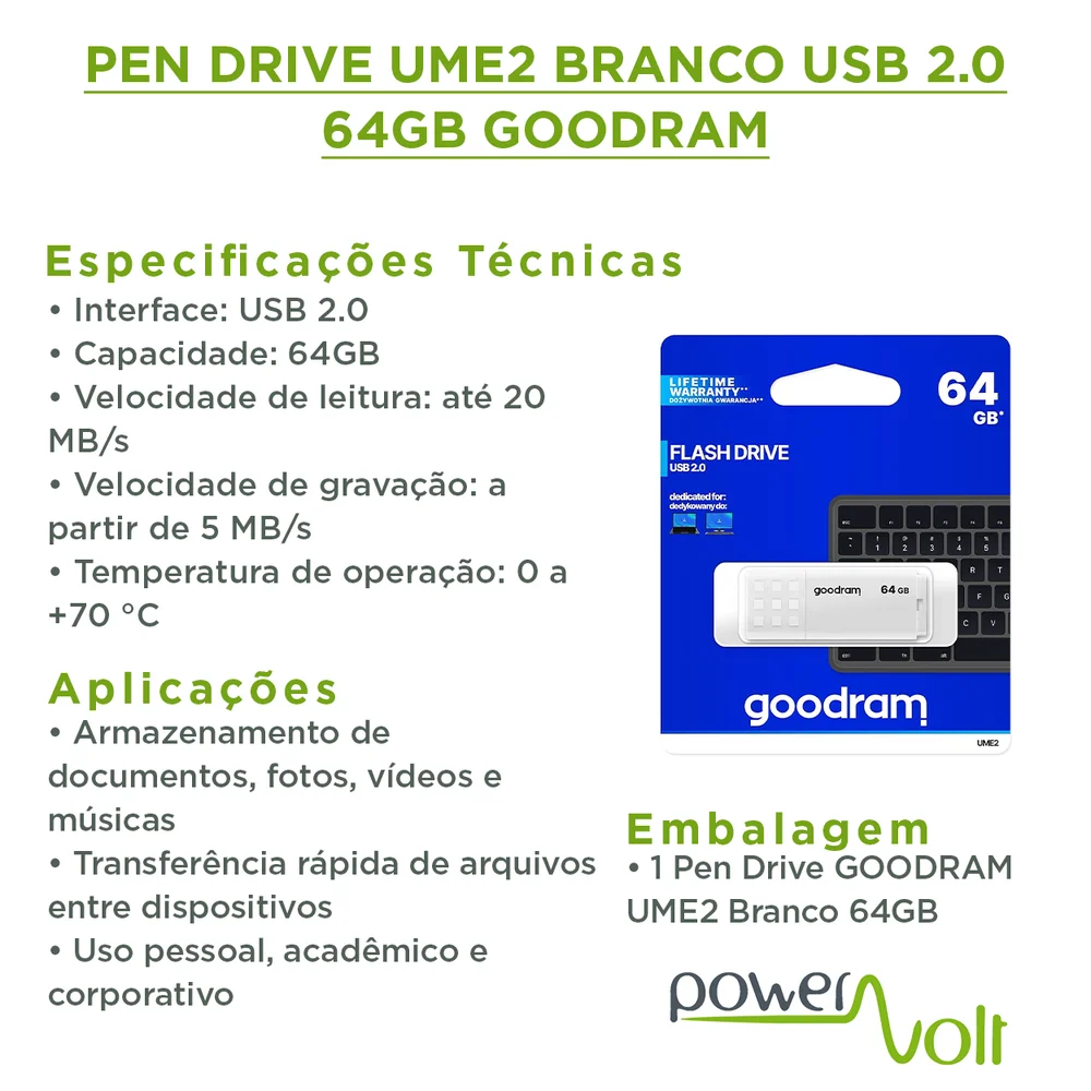 Imagem 2 de 4 do produto Pen Drive Ume2 Branco Usb 2.0 64gb Goodram