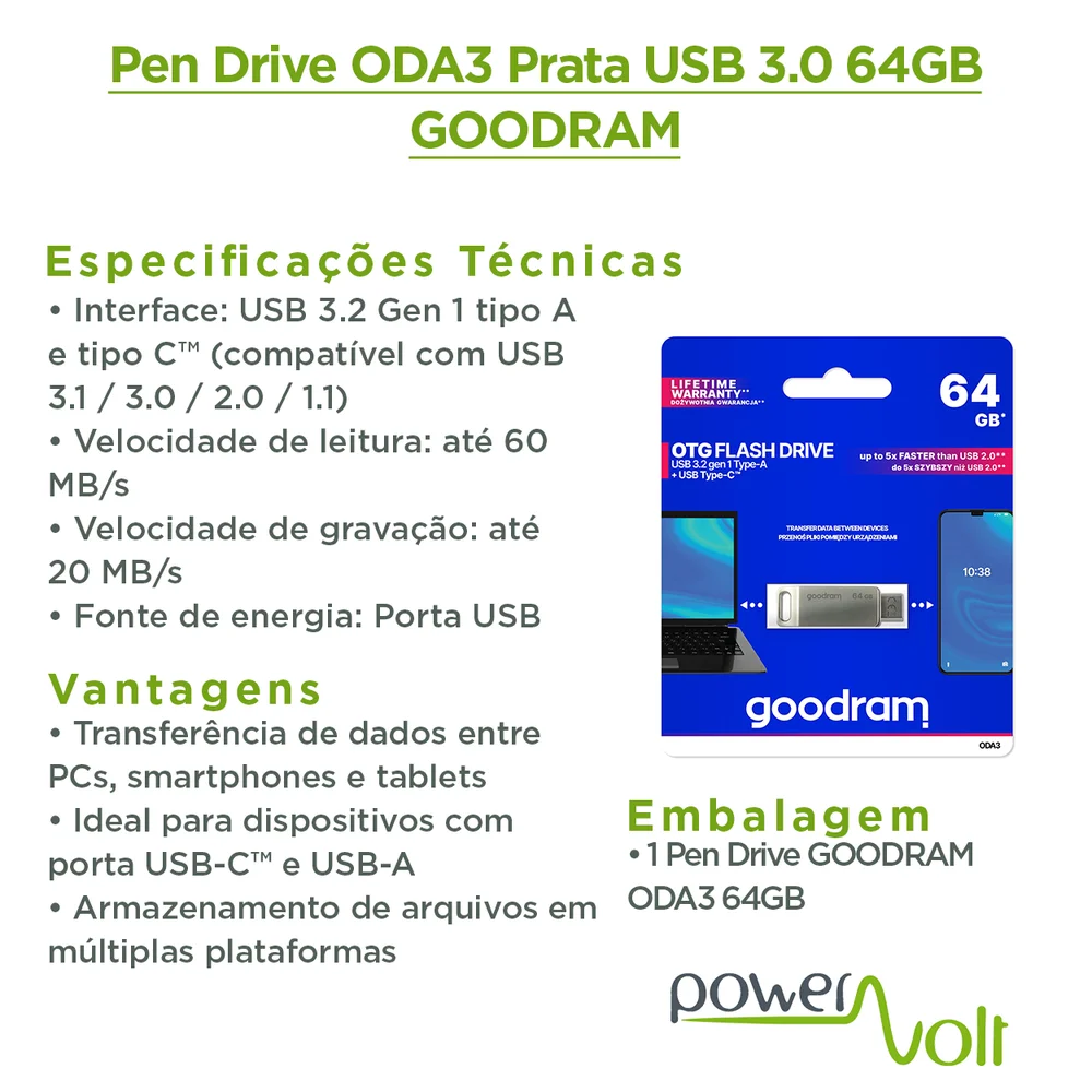 Imagem 2 de 4 do produto Pen Drive Oda3 Prata Usb 3.0 64gb Goodram