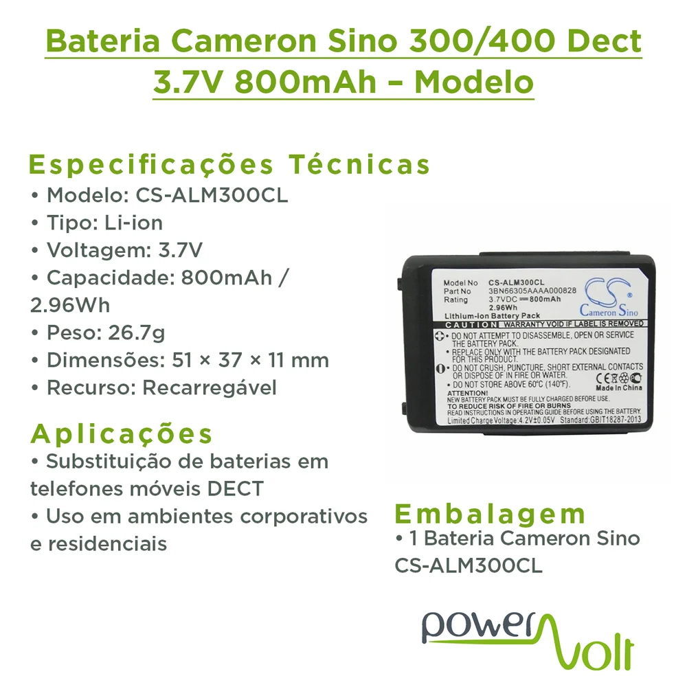 Imagem 3 de 4 do produto Bateria Cameron Sino 300/400 Dect 3.7v 800mah