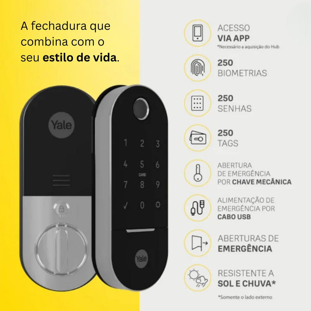Imagem 5 de 5 do produto Fechadura Digital Yale Lia Preta E Cromada Com Biometria - Painel Numerico - Cartao De Acesso - Ip55