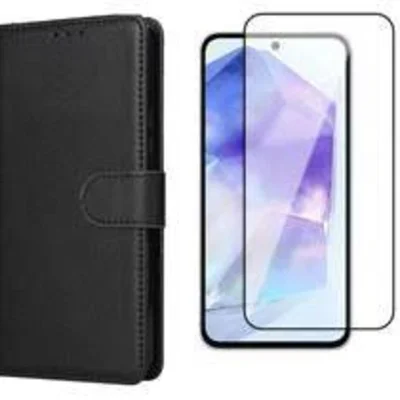 Película 3d Vidro + Capa Capinha Carteira Flip Para Samsung Galaxy A55 Cor:preto