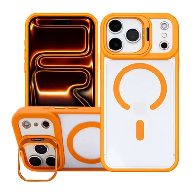 Capa Capinha Transparente Suporte Câmera Magsafe Para Iphone 17 Pro Max Laranja