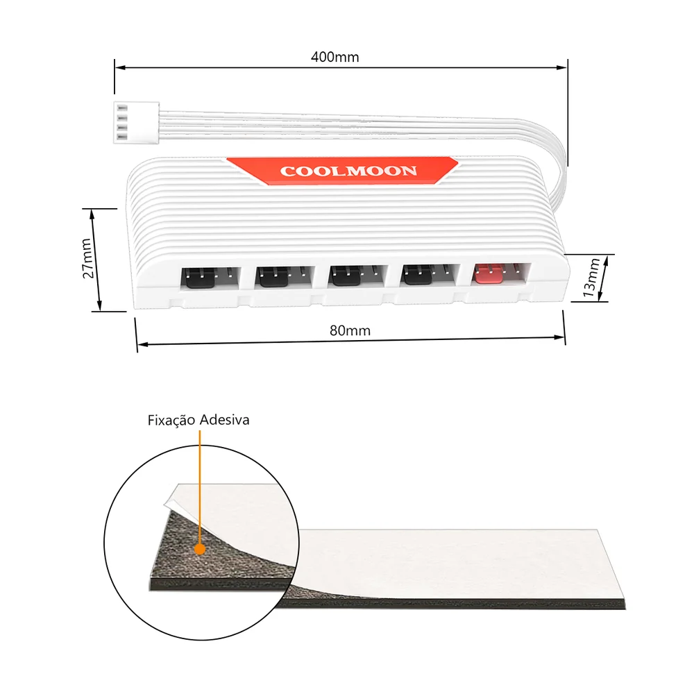 Imagem 4 de 5 do produto Hub Multi Fans, Controle Velocidade PWM 4 Pinos, Splitter 5 Portas, Branco, Coolmoon CM-F5PRO