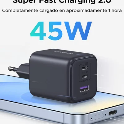 Ugreen Carregador Rápido 45w Gan 2xusb-c 1xusb-a Compatível Galaxy S26 S25 S24 S23 Ultra Z Flip Fold A56 A16 Iphone 17 16 15 14 13 12 Pro Max Air Plus