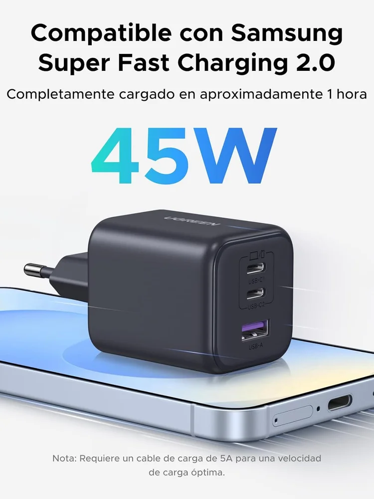 Ugreen Carregador Rápido 45w Gan 2xusb-c 1xusb-a Compatível Galaxy S26 S25 S24 S23 Ultra Z Flip Fold A56 A16 Iphone 17 16 15 14 13 12 Pro Max Air Plus