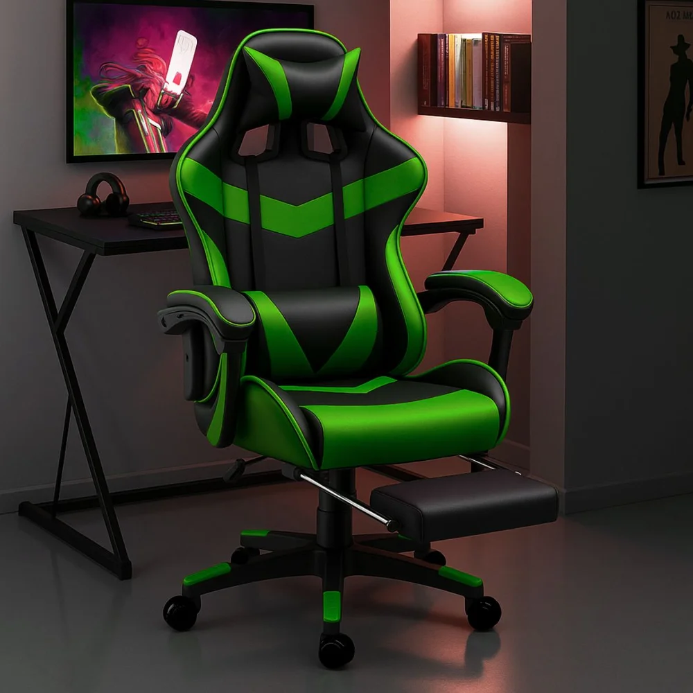 Imagem 3 de 5 do produto Cadeira De Escritório Gamer Nitro Verde Ergonômica Couro Sintético Reclinável Altura Ajustável Apoio Pés