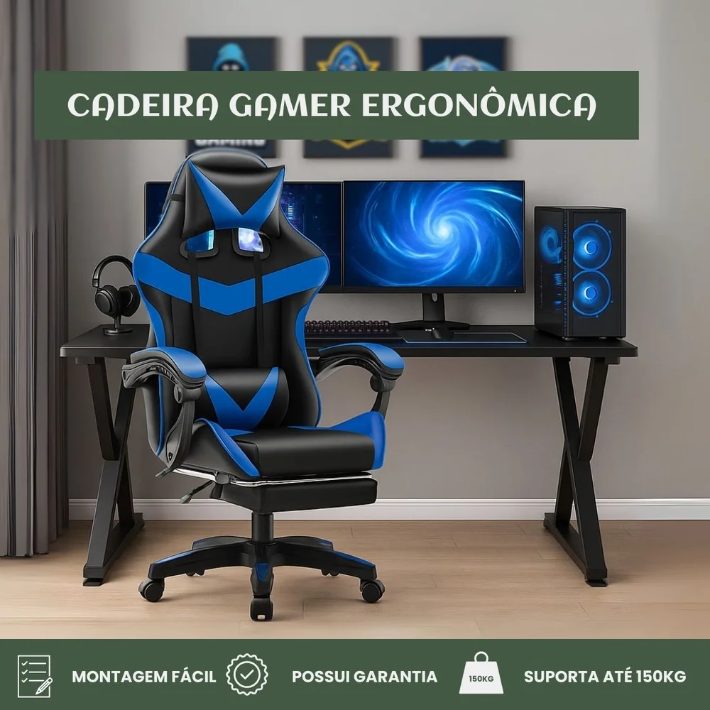 Cadeira De Escritório Gamer Nitro Azul Ergonômica Couro Sintético Reclinável Altura Ajustável Apoio Pés