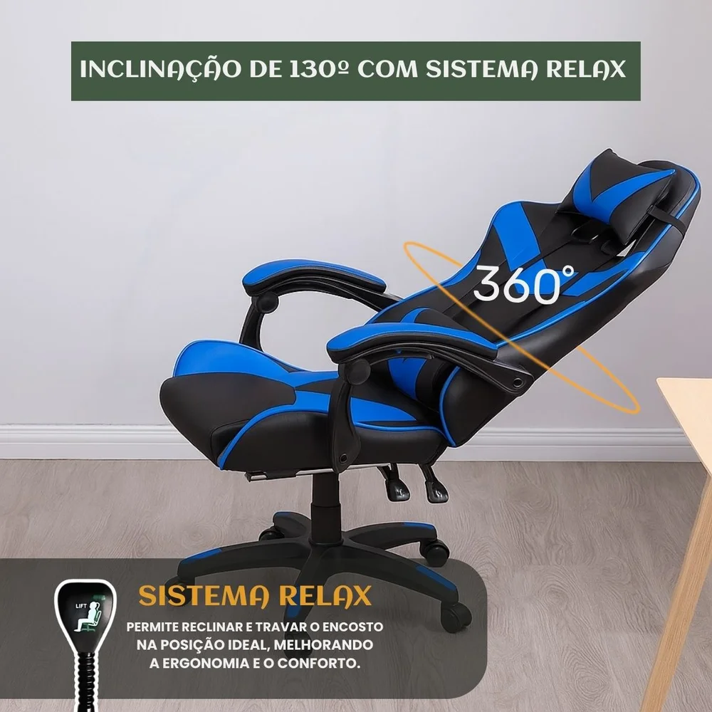 Cadeira De Escritório Gamer Nitro Azul Ergonômica Couro Sintético Reclinável Altura Ajustável Apoio Pés