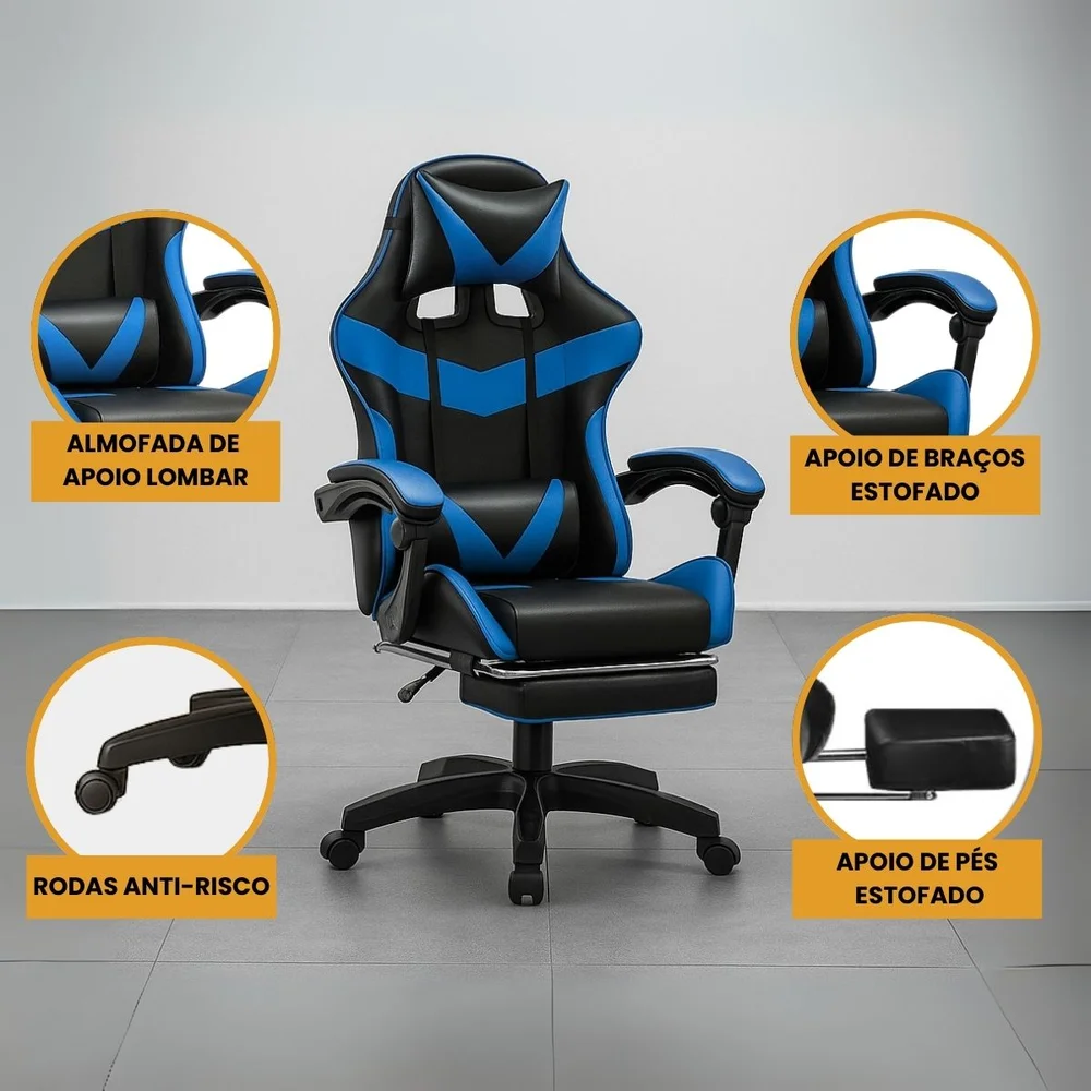Cadeira De Escritório Gamer Nitro Azul Ergonômica Couro Sintético Reclinável Altura Ajustável Apoio Pés