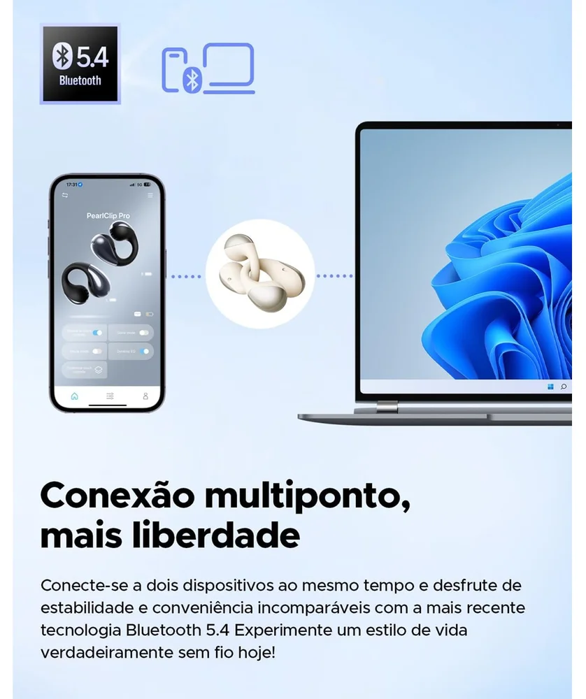 Imagem 4 de 5 do produto Fone De Ouvido Soundpeats Pearlclip Pro Wireless 24 Horas De Som, Bluetooth 5.4 Proteção Ipx5 - Bege