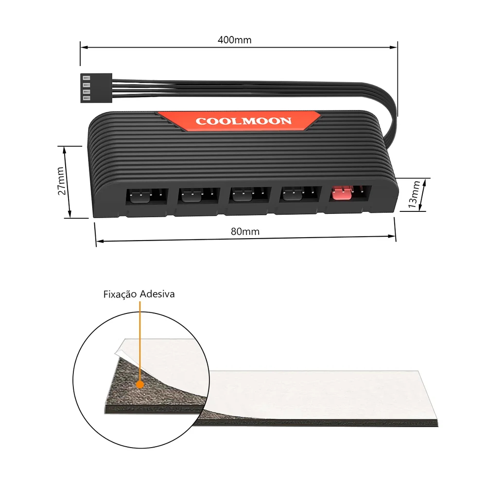 Imagem 2 de 5 do produto Hub Multi Fans, Controle Velocidade PWM 4 Pinos, Splitter 5 Portas, Preto, Coolmoon CM-F5PRO