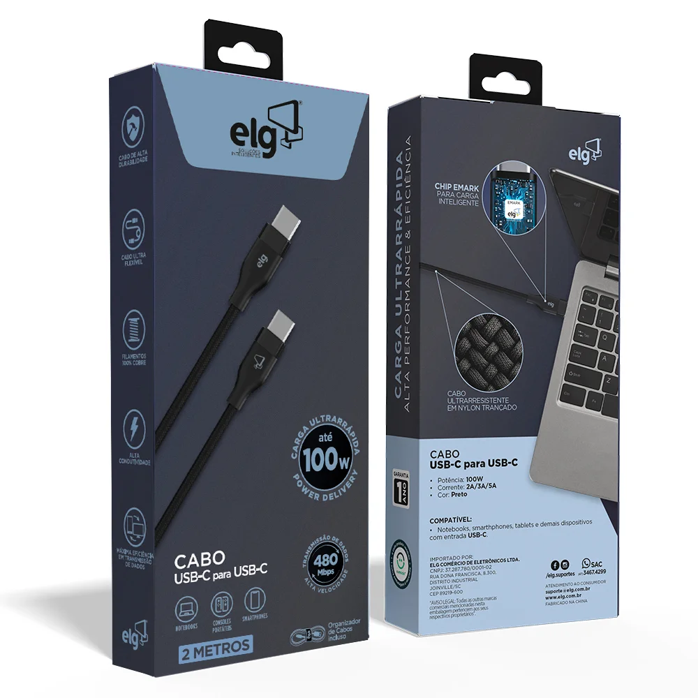 Imagem 2 de 5 do produto Cabo Usb Tipo-c Para Tipo-c, Carga Rápida 100w 5a, Cabo E Malha Trançada, 2 Metros, Tc1002, Elg
