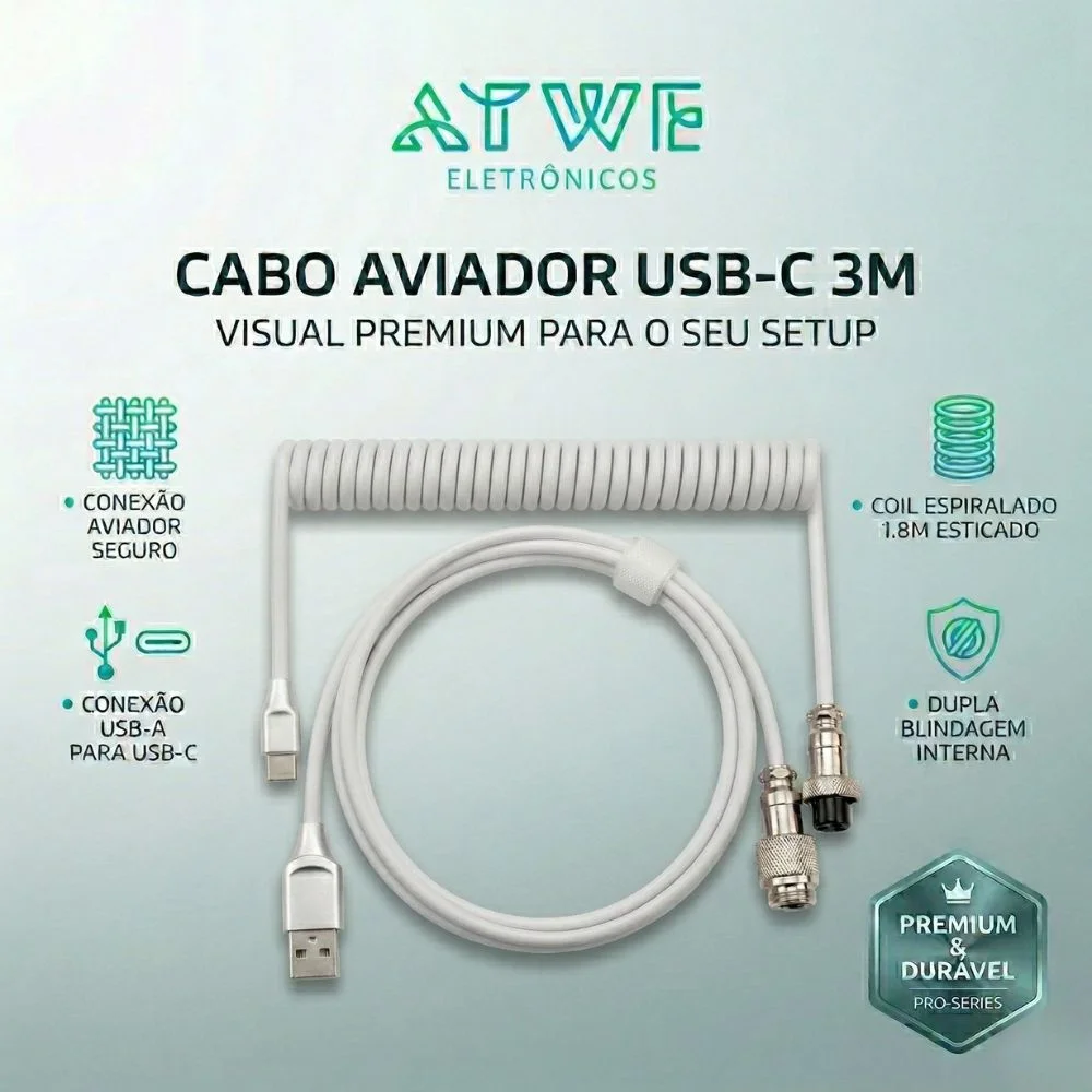 Imagem 4 de 4 do produto Cabo Aviador Usb-c Enrolado 3m P/ Teclado Mecânico Branco - Atwe Eletrônicos