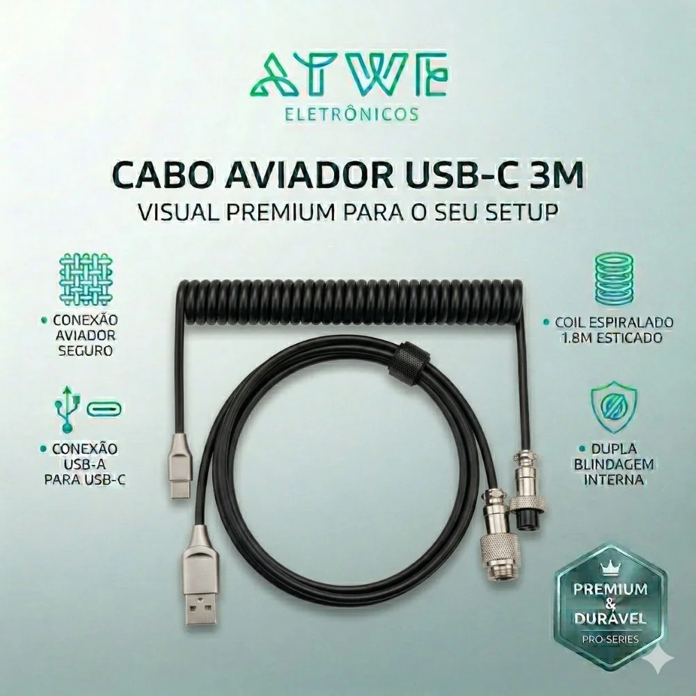 Imagem 2 de 4 do produto Cabo Aviador Usb-c Enrolado 3m P/ Teclado Mecânico Preto - Atwe Eletrônicos