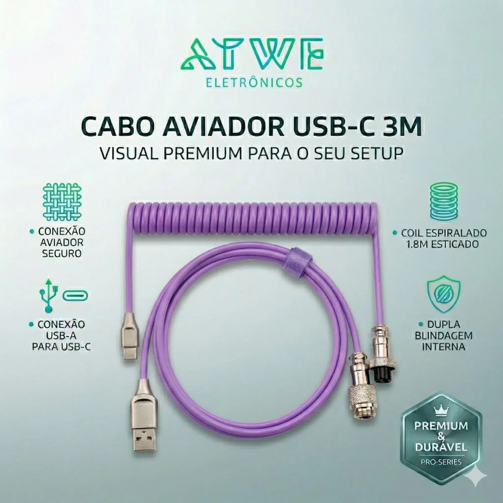 Imagem 2 de 4 do produto Cabo Aviador Usb-c Enrolado 3m P/ Teclado Mecânico Roxo - Atwe Eletrônicos