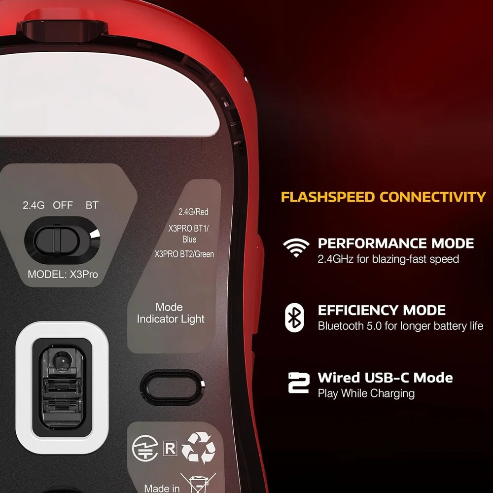 Imagem 4 de 5 do produto Mouse Gamer Attack Shark X3 Pro 4k/8k Wireless Tri-mode Paw3395 26.000 Dpi, Vermelho