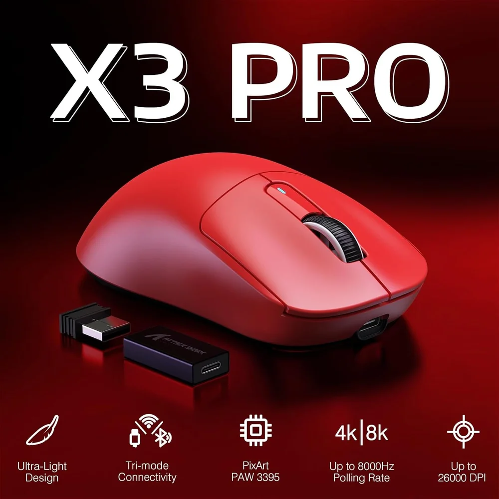 Imagem 5 de 5 do produto Mouse Gamer Attack Shark X3 Pro 4k/8k Wireless Tri-mode Paw3395 26.000 Dpi, Vermelho