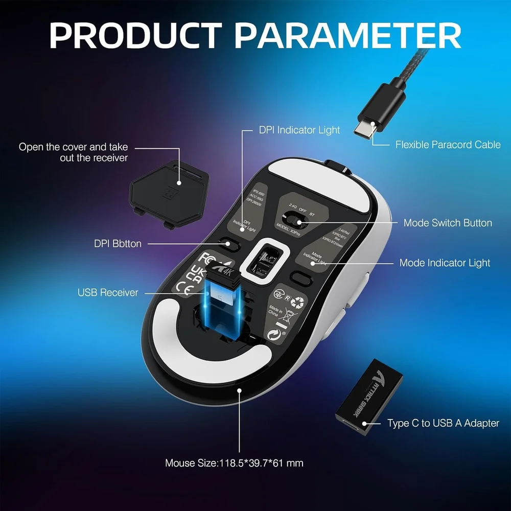 Imagem 5 de 5 do produto Mouse Gamer Attack Shark X3 Pro 4k/8k Wireless Tri-mode Paw3395 26.000 Dpi, Branco