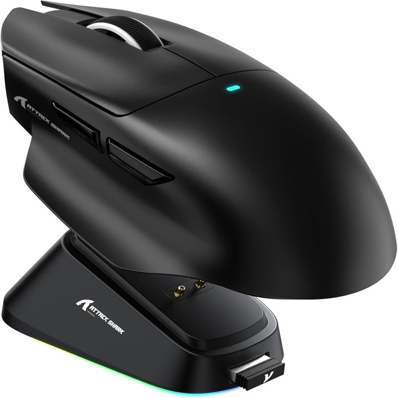 Mouse Gamer Attack Shark V6 Tri-mode Sem Fio 26.000 Dpi Com Dock Magnético RGB, Preto