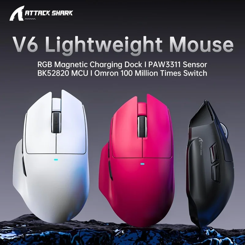 Imagem 4 de 4 do produto Mouse Gamer Attack Shark V6 Tri-mode Sem Fio 26.000 Dpi Com Dock Magnético RGB, Preto