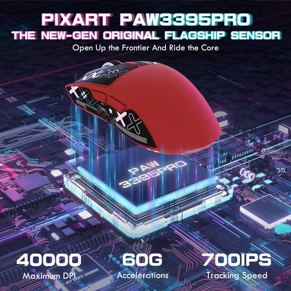 Imagem 2 de 5 do produto Mouse Gamer Attack Shark X1 Wireless 40.000 Dpi Paw3395 Pro Com Dock RGB, Vermelho