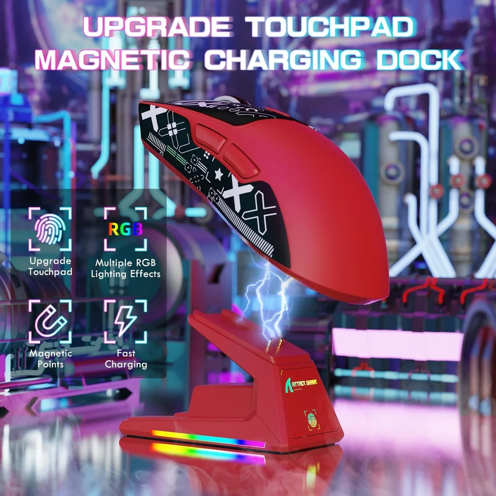 Imagem 4 de 5 do produto Mouse Gamer Attack Shark X1 Wireless 40.000 Dpi Paw3395 Pro Com Dock RGB, Vermelho