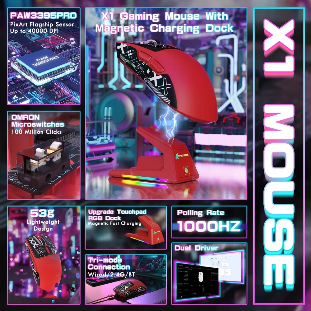 Imagem 5 de 5 do produto Mouse Gamer Attack Shark X1 Wireless 40.000 Dpi Paw3395 Pro Com Dock RGB, Vermelho