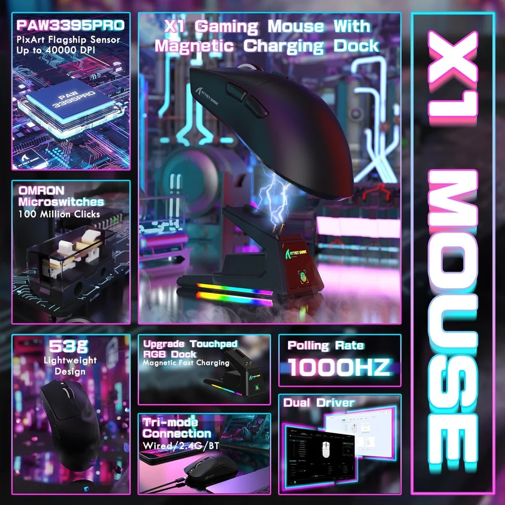 Imagem 2 de 5 do produto Mouse Gamer Attack Shark X1 Wireless 40.000 Dpi Paw3395 Pro Com Dock RGB, Preto