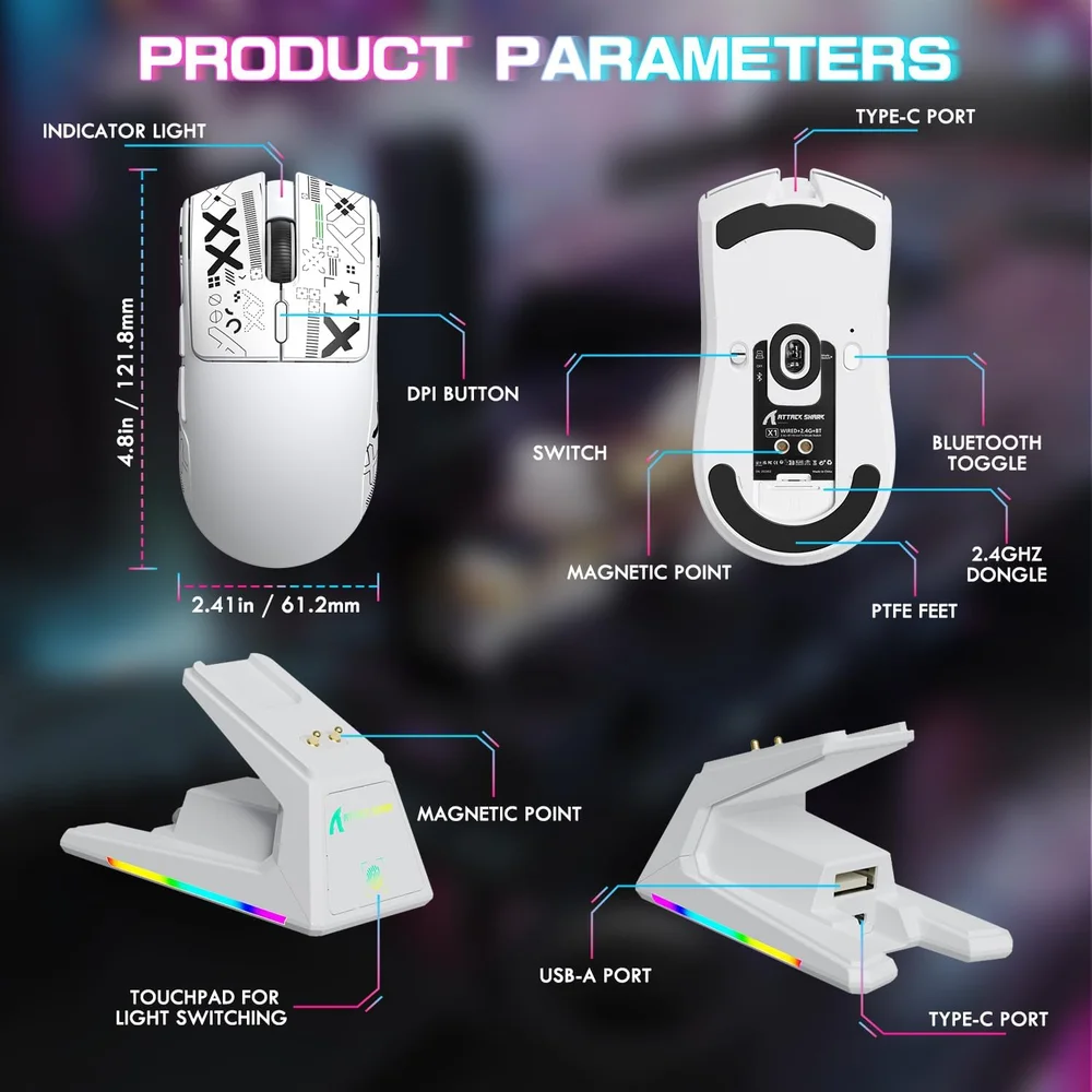 Imagem 4 de 5 do produto Mouse Gamer Attack Shark X1 Wireless 40.000 Dpi Paw3395 Pro Com Dock RGB, Branco