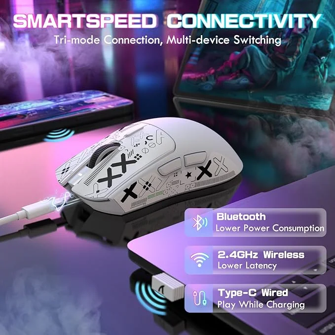 Imagem 5 de 5 do produto Mouse Gamer Attack Shark X1 Wireless 40.000 Dpi Paw3395 Pro Com Dock RGB, Branco