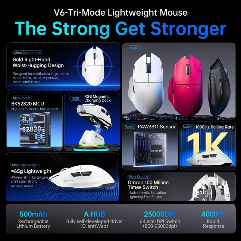 Mouse Gamer Attack Shark V6 Tri-mode Sem Fio 26.000 Dpi Com Dock Magnético RGB, Branco Mouse Gamer Attack Shark V6 Tri-mode Sem Fio 26.000 Dpi Com Dock Magnético RGB, Branco