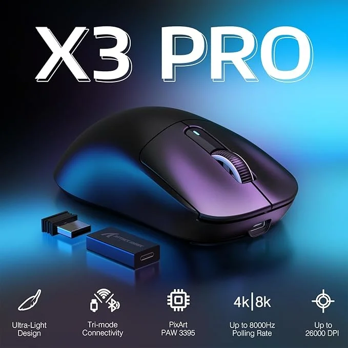 Imagem 4 de 5 do produto Mouse Gamer Attack Shark X3 Pro 4k/8k Wireless Tri-mode Paw3395 26.000 Dpi, Preto