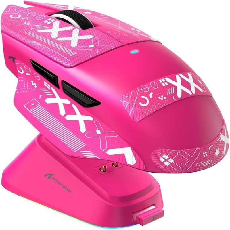 Mouse Gamer Attack Shark V6 Tri-mode Sem Fio 26.000 Dpi Com Dock Magnético RGB, Rosa