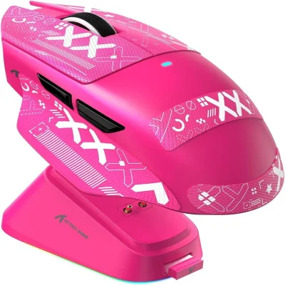 Mouse Gamer Attack Shark V6 Tri-mode Sem Fio 26.000 Dpi Com Dock Magnético RGB, Rosa