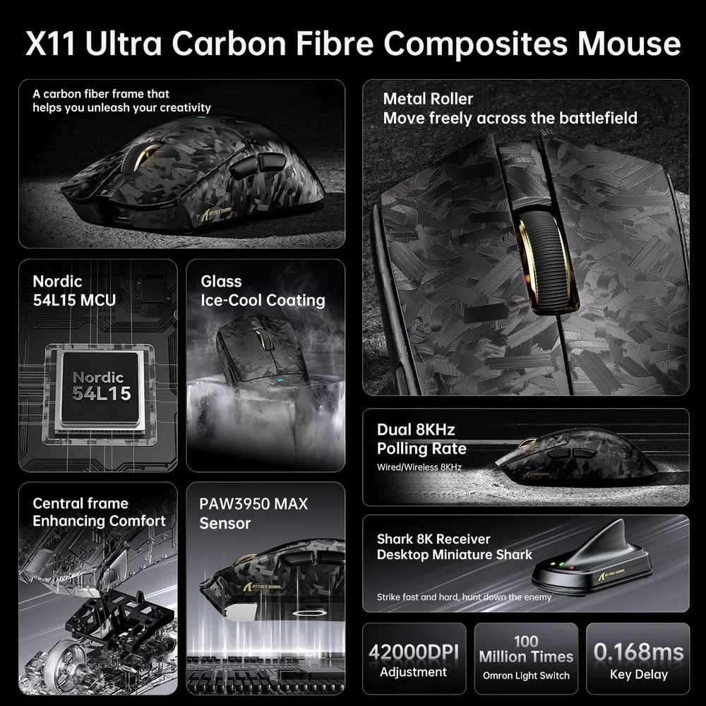 Imagem 4 de 5 do produto Mouse Gamer Attack Shark X11 Ultra 8k Fibra De Carbono 42.000 Dpi Paw3950 Max, Cinza