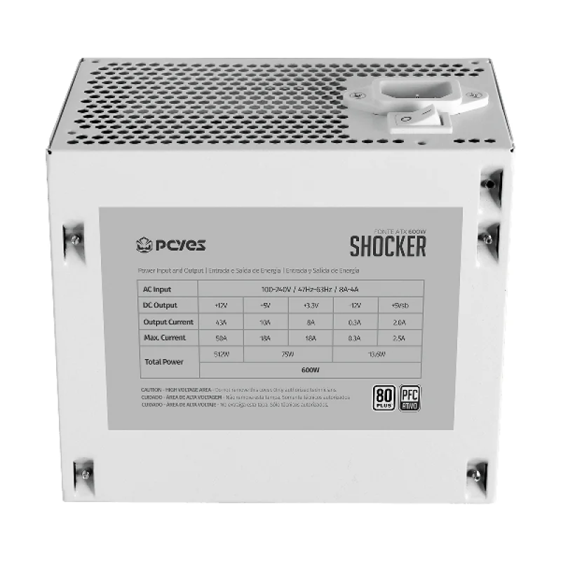 Imagem 2 de 5 do produto Fonte Gamer PCyes Shocker 600w White Ghost 80 Plus Standard - Pf600shwg