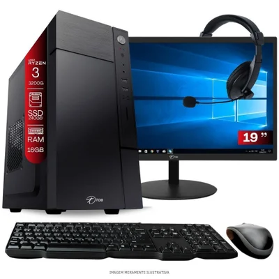 Computador Home Office Ryzen 3 3200g 16gb Ddr4 SSD 240GB Radeon Veja 8 WINDOWS 11 A320 Monitor 19 Pronto Para Uso
