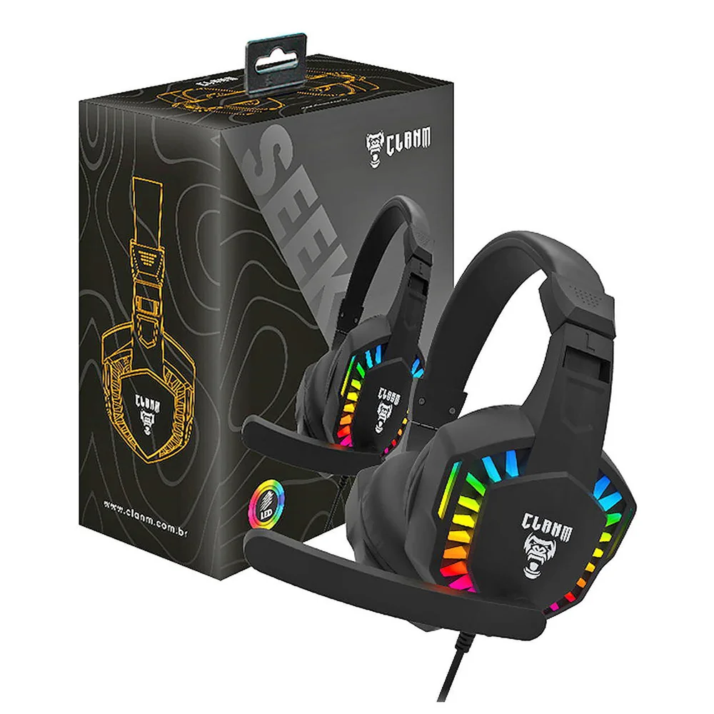 Headset Gamer Cor Preta Night Seek Clanm LED Rainbow Preto Microfone 50hz~10khz