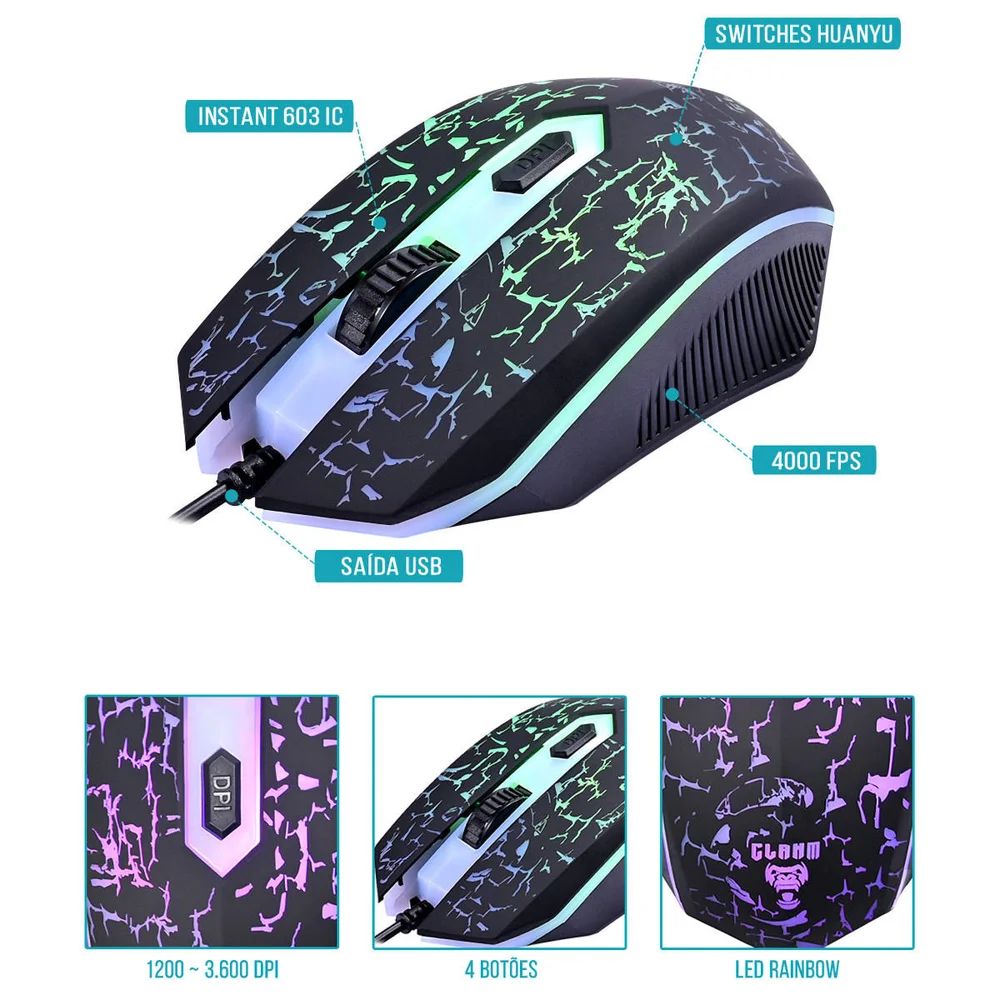 Imagem 3 de 5 do produto Mouse Gamer Clanm CL-MJ806 1200-3600 DPI LED Rainbow 4 Botões Sensor Óptico USB