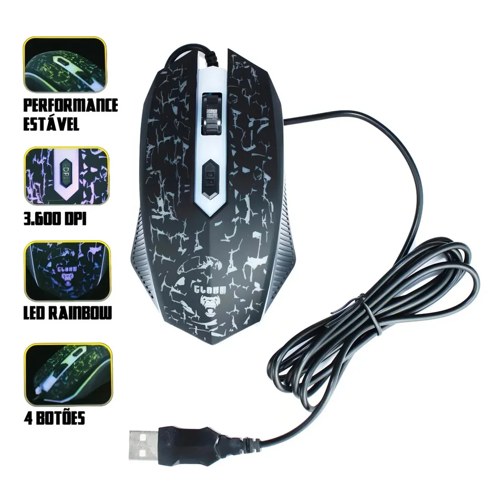 Imagem 5 de 5 do produto Mouse Gamer Clanm CL-MJ806 1200-3600 DPI LED Rainbow 4 Botões Sensor Óptico USB