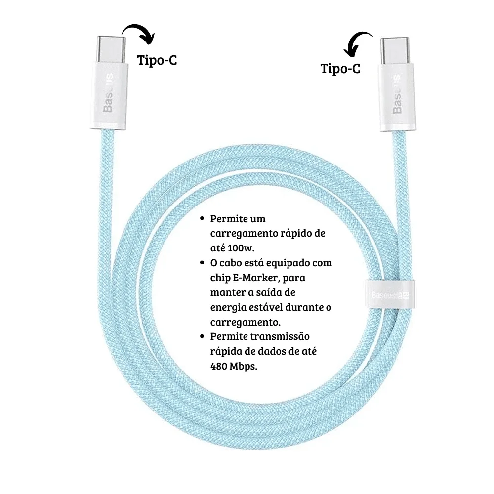 Imagem 5 de 5 do produto Baseus Cabo Usb-c Para Usb-c 100w (20v/5a) - 2 Metros, Azul Nylon Trançado Carregamento Rápido Transferência De Dados: Velocidade Até 480 Mbps,